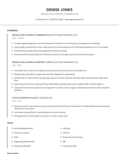 Production Control Coordinator Resume