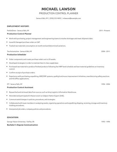 Production Control Planner Resume
