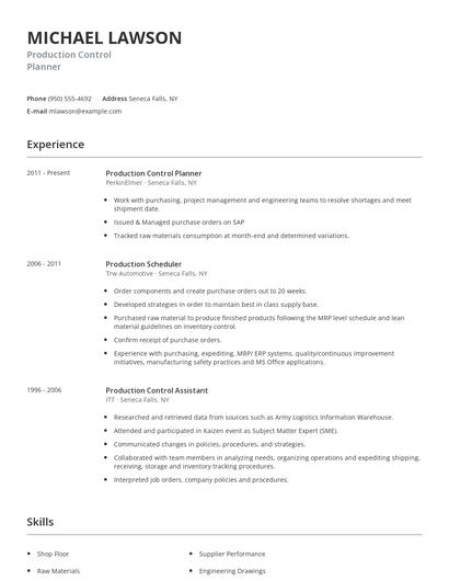 Production Control Planner Resume