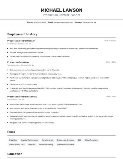 Production Control Planner Resume