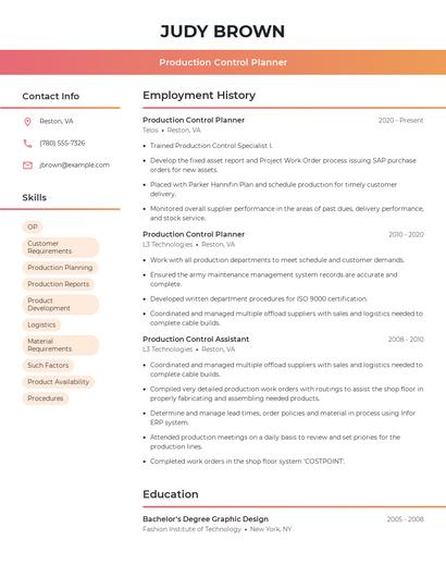 Production Control Planner Resume