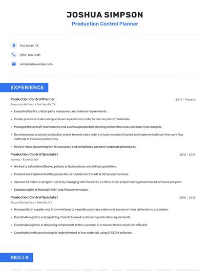 Production Control Planner Resume