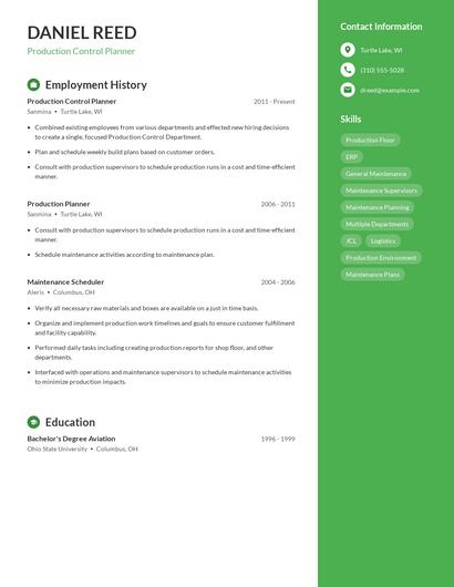 Production Control Planner Resume