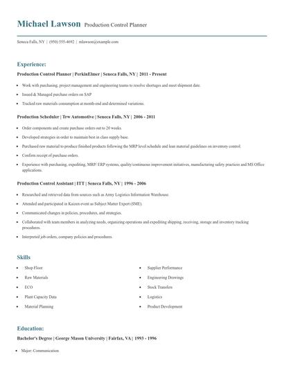 Production Control Planner Resume