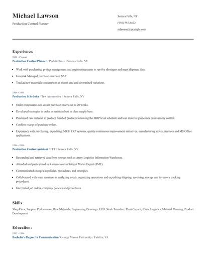 Production Control Planner Resume