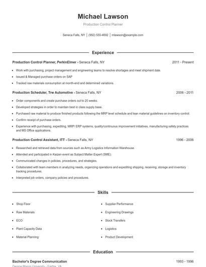 Production Control Planner Resume