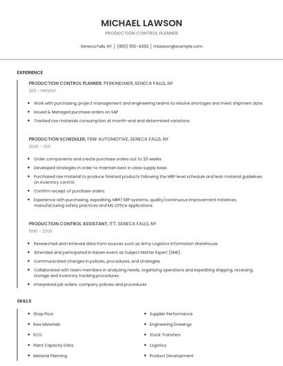 Production Control Planner Resume