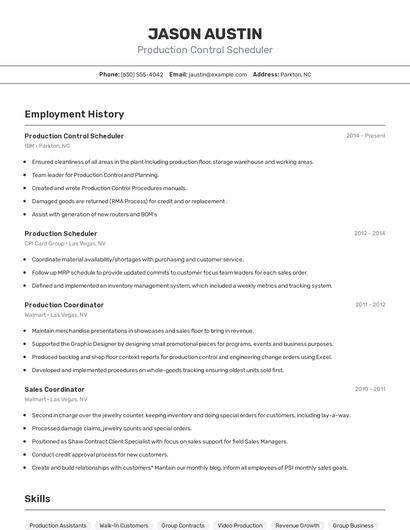 Production Control Scheduler Resume