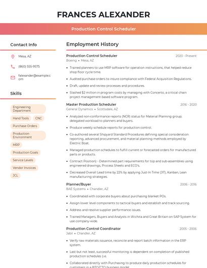 Production Control Scheduler Resume