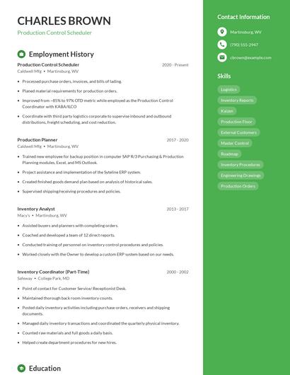 Production Control Scheduler Resume