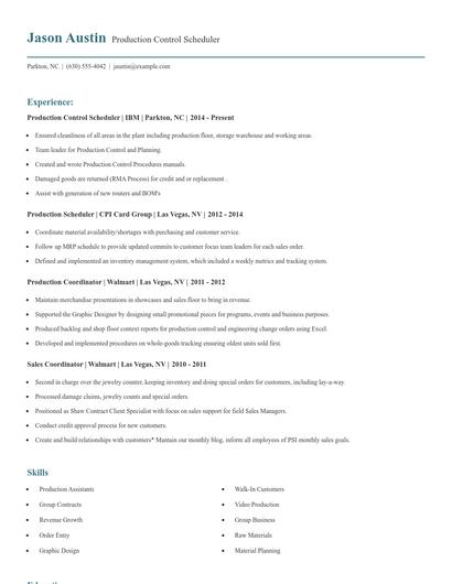 Production Control Scheduler Resume