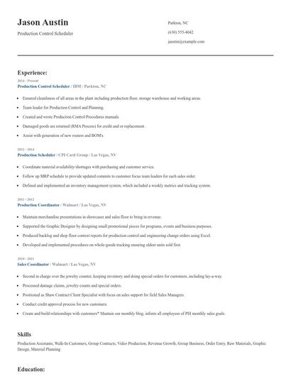 Production Control Scheduler Resume