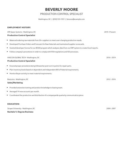 Production Control Specialist Resume