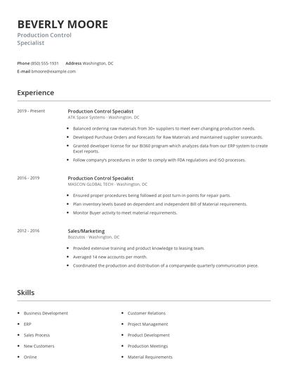 Production Control Specialist Resume