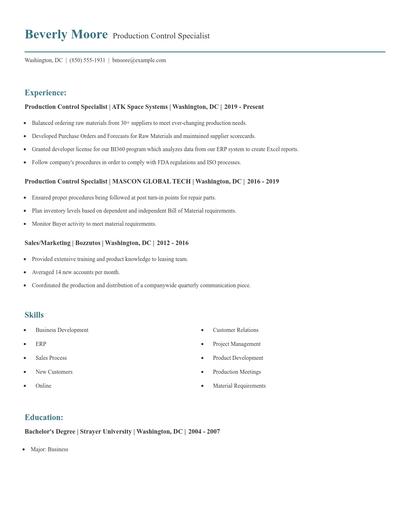 Production Control Specialist Resume