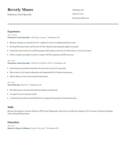 Production Control Specialist Resume