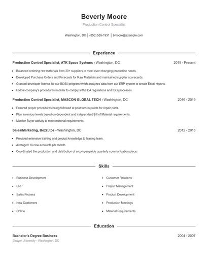 Production Control Specialist Resume