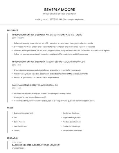 Production Control Specialist Resume