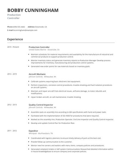Production Controller Resume