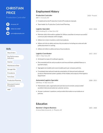 Production Controller Resume
