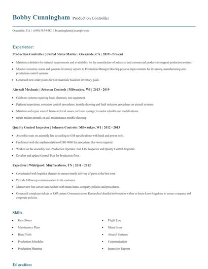 Production Controller Resume