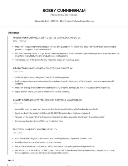 Production Controller Resume