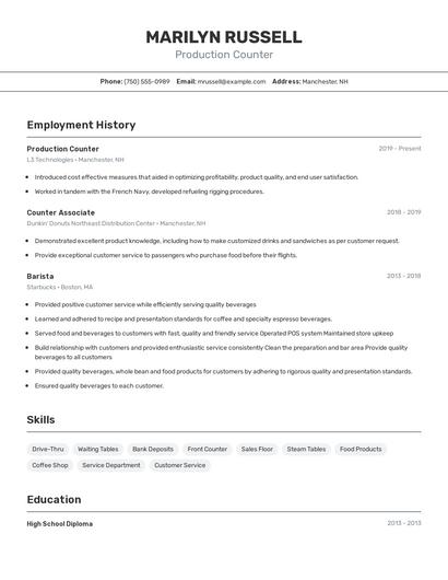 Production Counter Resume