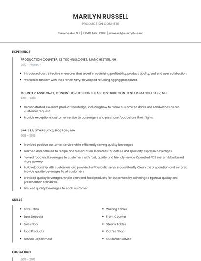 Production Counter Resume