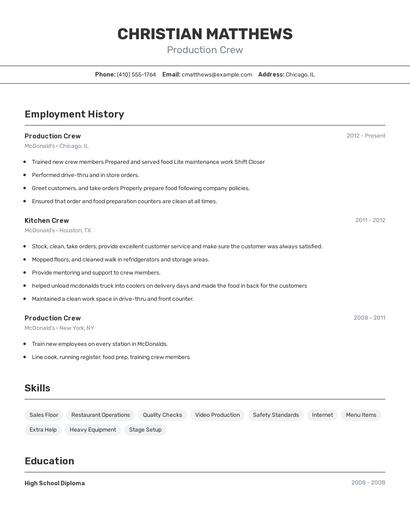 Production Crew Resume