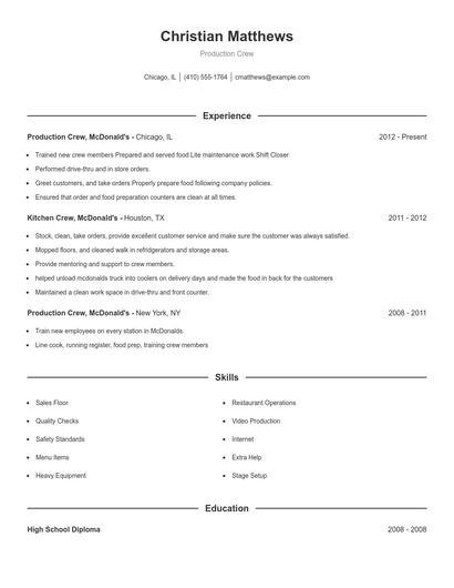 Production Crew Resume