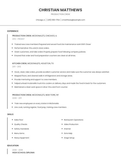 Production Crew Resume