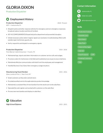 Production Dispatcher Resume