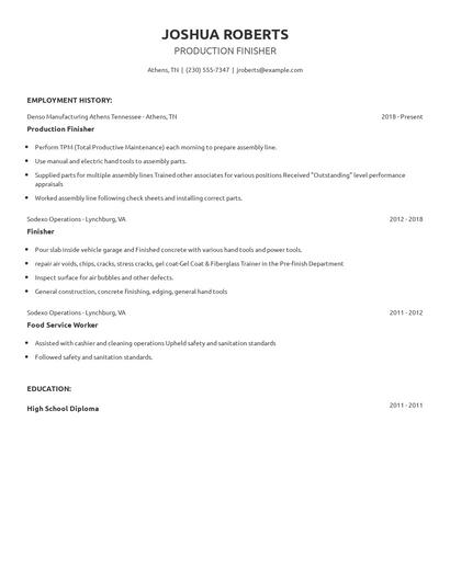 Production Finisher Resume
