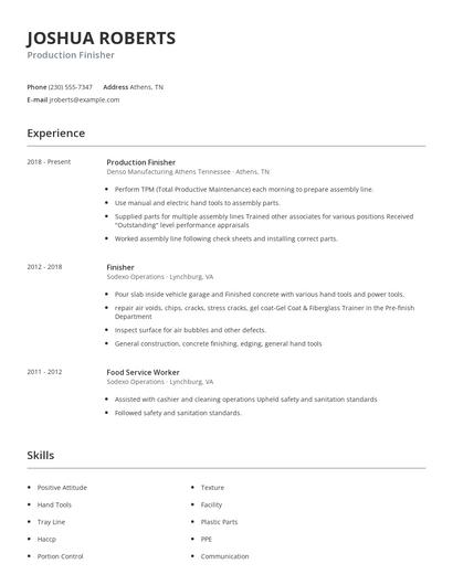 Production Finisher Resume