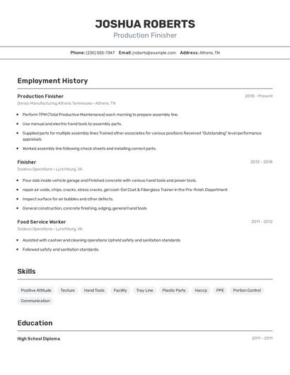 Production Finisher Resume