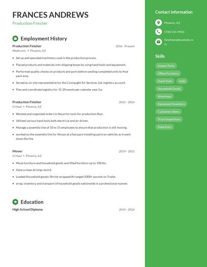Production Finisher Resume