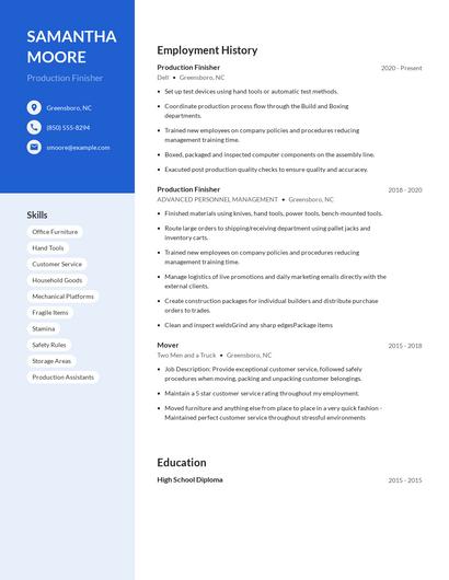 Production Finisher Resume