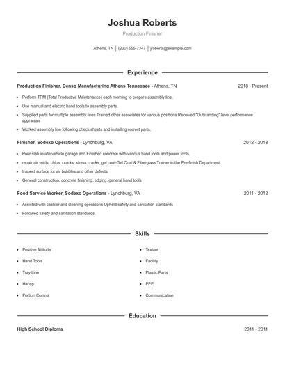 Production Finisher Resume