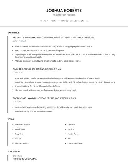 Production Finisher Resume