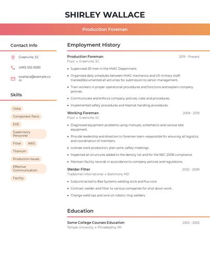 Production Foreman Resume