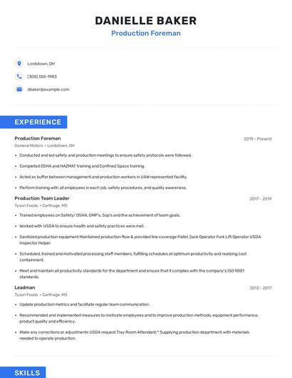 Production Foreman Resume