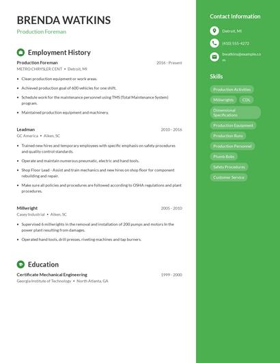 Production Foreman Resume