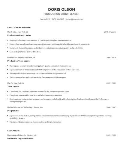 Production Group Leader Resume