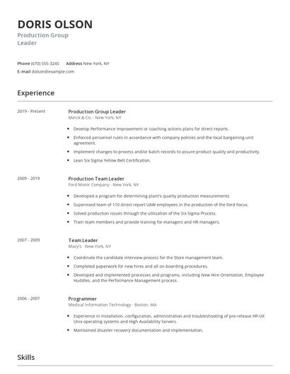 Production Group Leader Resume