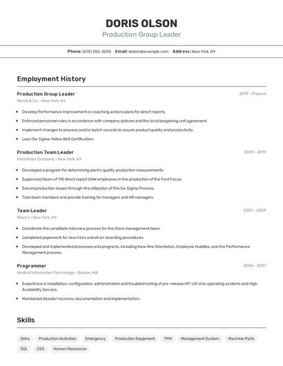Production Group Leader Resume