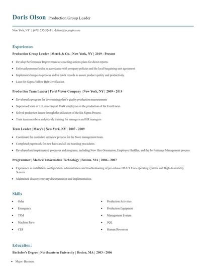 Production Group Leader Resume