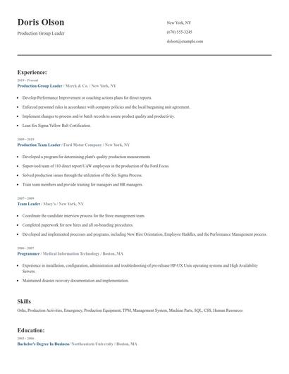 Production Group Leader Resume