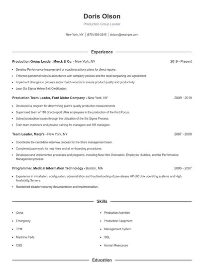 Production Group Leader Resume