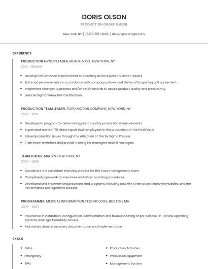 Production Group Leader Resume