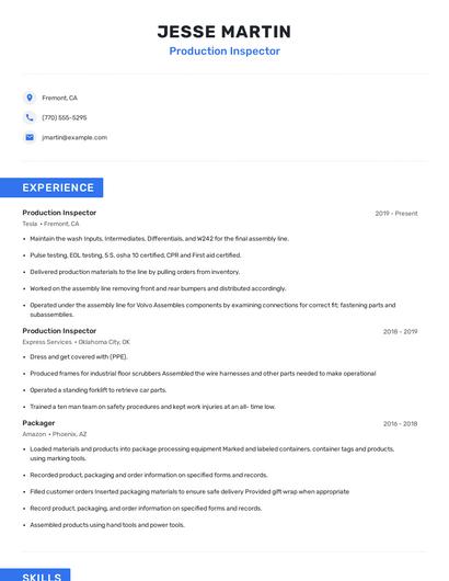 Production Inspector Resume